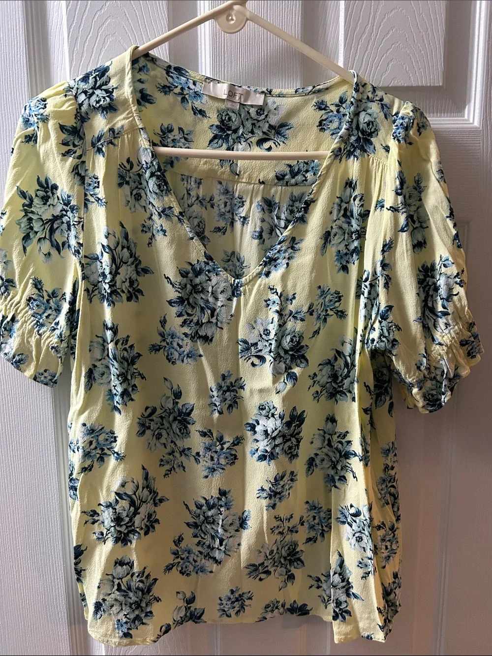 LOFT Yellow Floral V-Neck Puff Sleeve Blouse with Blue Print, large